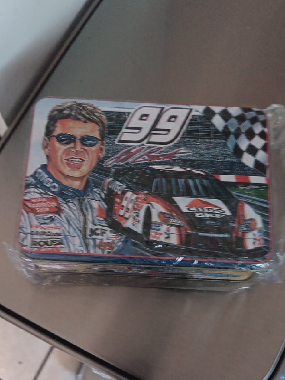 #99 Racing Tin Box with Car and Driver Artwork - Red, Black, White. (Sealed)